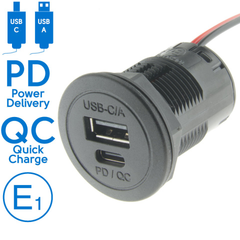 BBAtechniek artnr. 45010 - USB C-1x & A-1x PD QC 5V 3.6A inbouw (1x)