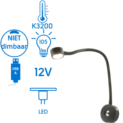 BBAtechniek artnr. 65581 - Cantanzaro flex LEDspot 12V 2W zwart met USB (1x)