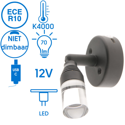 BBAtechniek artnr. 65586 - Positano LED 12V 1W 4000K 70lm USB-C zwart (1x)