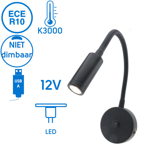 BBAtechniek artnr. 65574 - Venetië Flex LED 12V 2W zwart met USB 2.1A (1x)