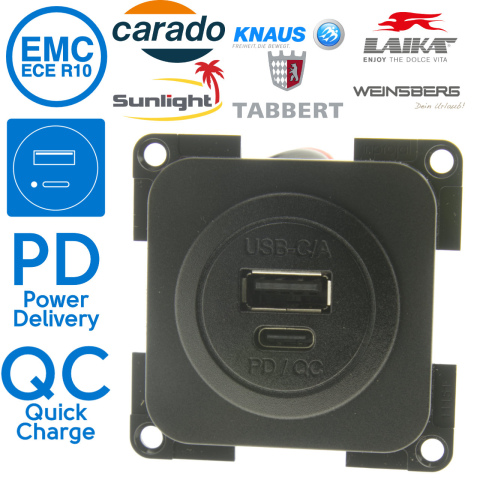 BBAtechniek artnr. 45182 - USB C/A PD QC 3A 30W inbouw zwart (1x) 