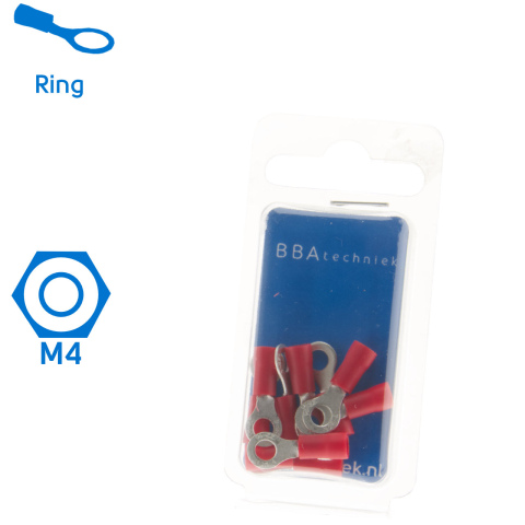 BBAtechniek artnr. 17488 - Kabelschoen ring M4 Ø4.3mm rood (10x)