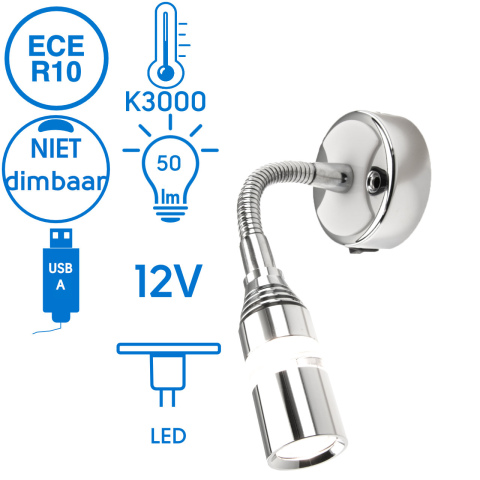 BBAtechniek artnr. 65555 - Florence flex LED lamp 12V 1W 3000K 50lm USB (1x)