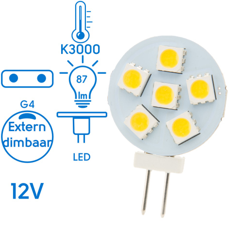 BBAtechniek artnr. 37128 - G4 10-30VDC 1.2W 3000K 87lm LED6 2pins (2x)