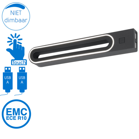 BBAtechniek artnr. 45140 - Bolonga B LED wandlamp 12V 3W zwart 2x 1A USB (1x)