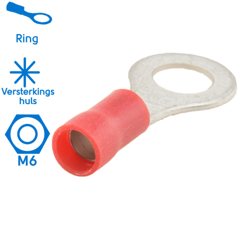 BBAtechniek artnr. 10962 - Kabelschoen ring M6 Ø6.4mm* rood (100x)