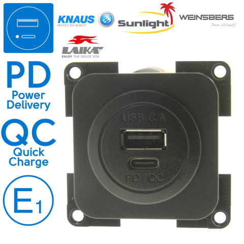 BBAtechniek artnr. 45182 - USB C/A PD QC 3A 30W inbouw zwart (1x) 