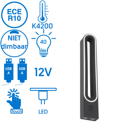 BBAtechniek artnr. 45140 - Bolonga B LED wandlamp 12V 3W zwart 2x 1A USB (1x)