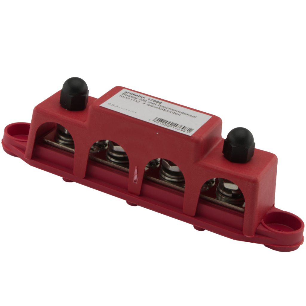 BBAtechniek - Busbar M8 4-punts rood met beschermkap (1x)