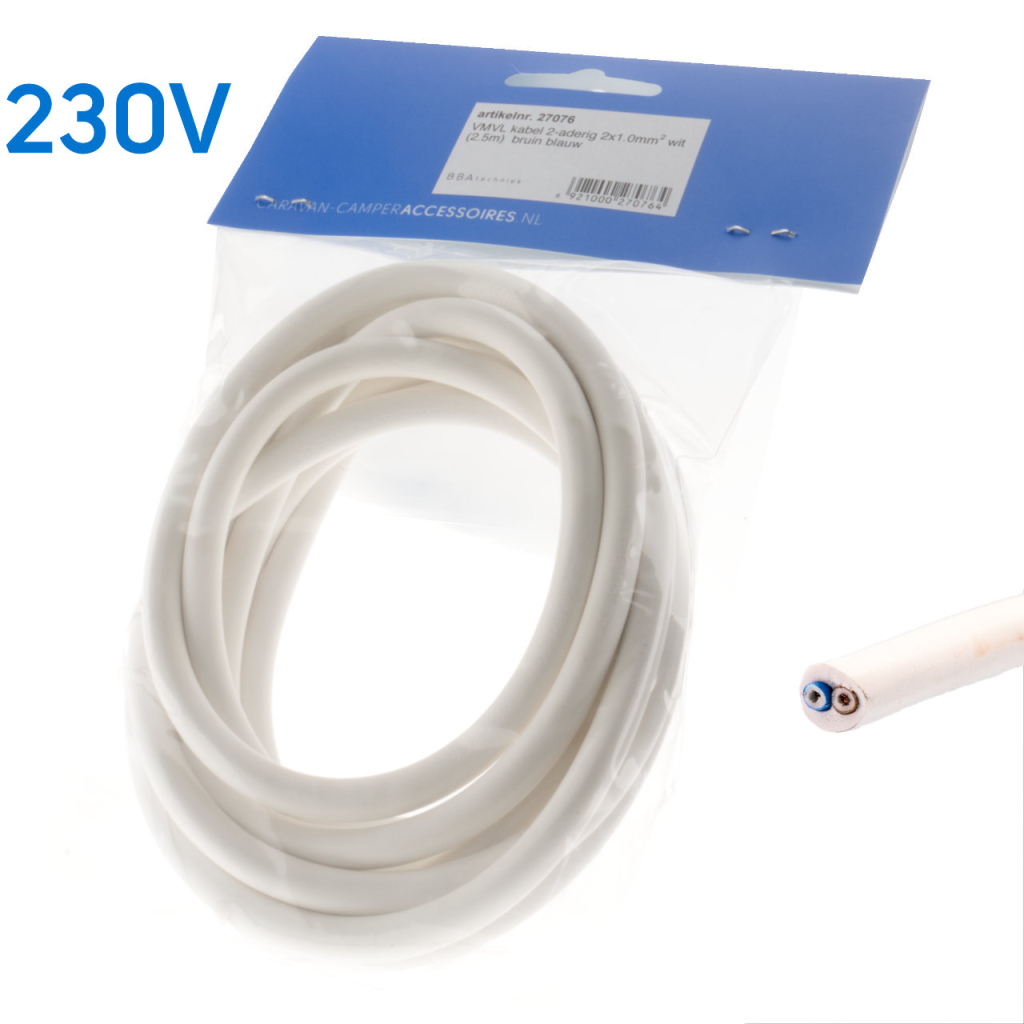 BBAtechniek - VMVL kabel 2-aderig 2x1.0mm2 wit (2.5m)