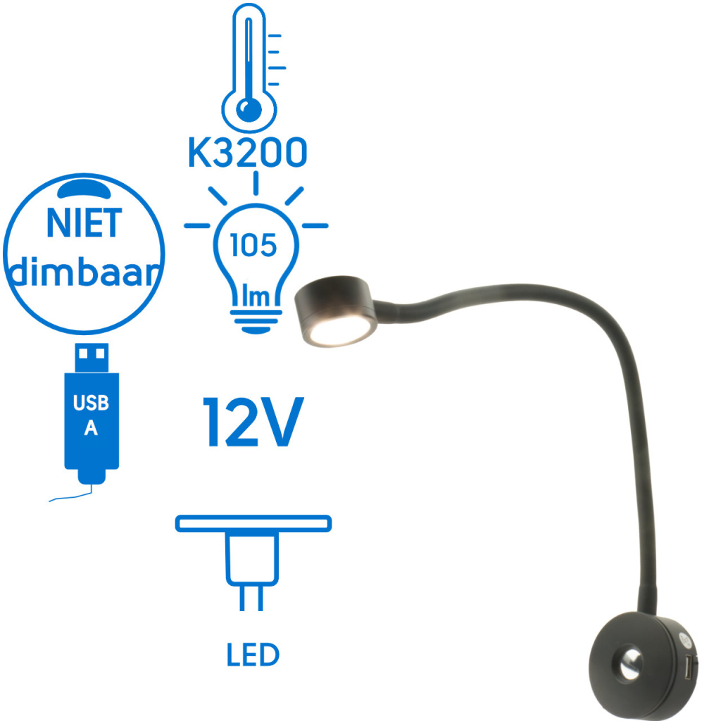BBAtechniek - Cantanzaro flex LEDspot 12V 2W zwart met USB (1x)