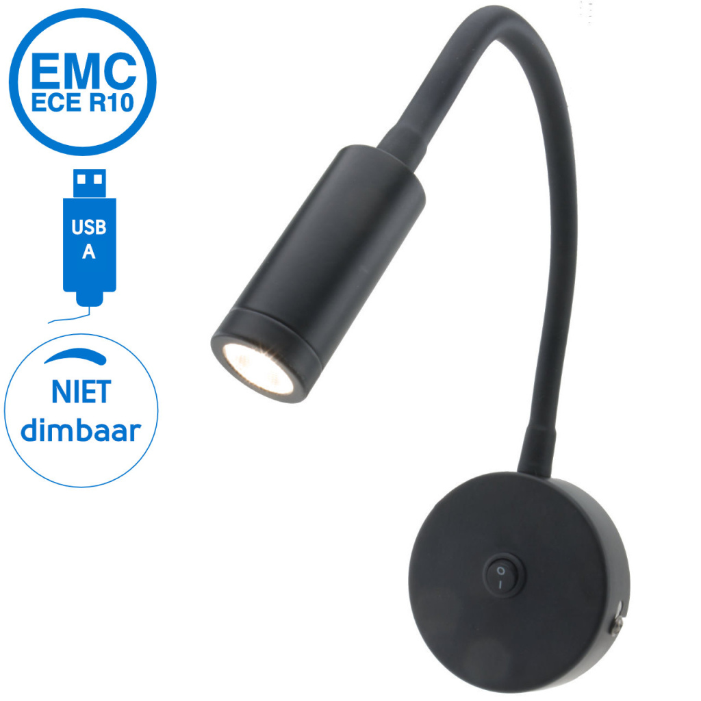 BBAtechniek - Venetië Flex LED 12V 2W zwart met USB 2.1A (1x)