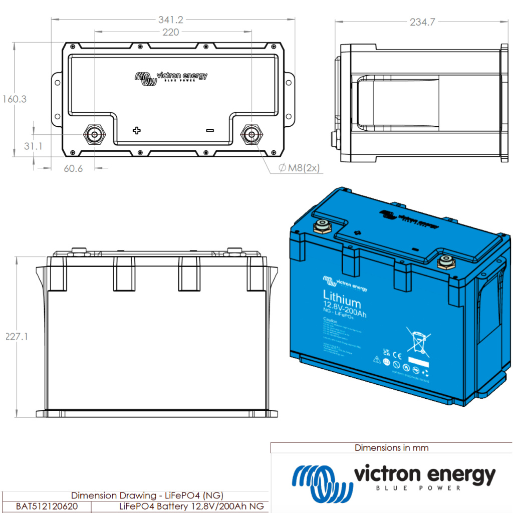 BBAtechniek - LiFePO4 accu 12.8V 200Ah NG  M8 (1x)
