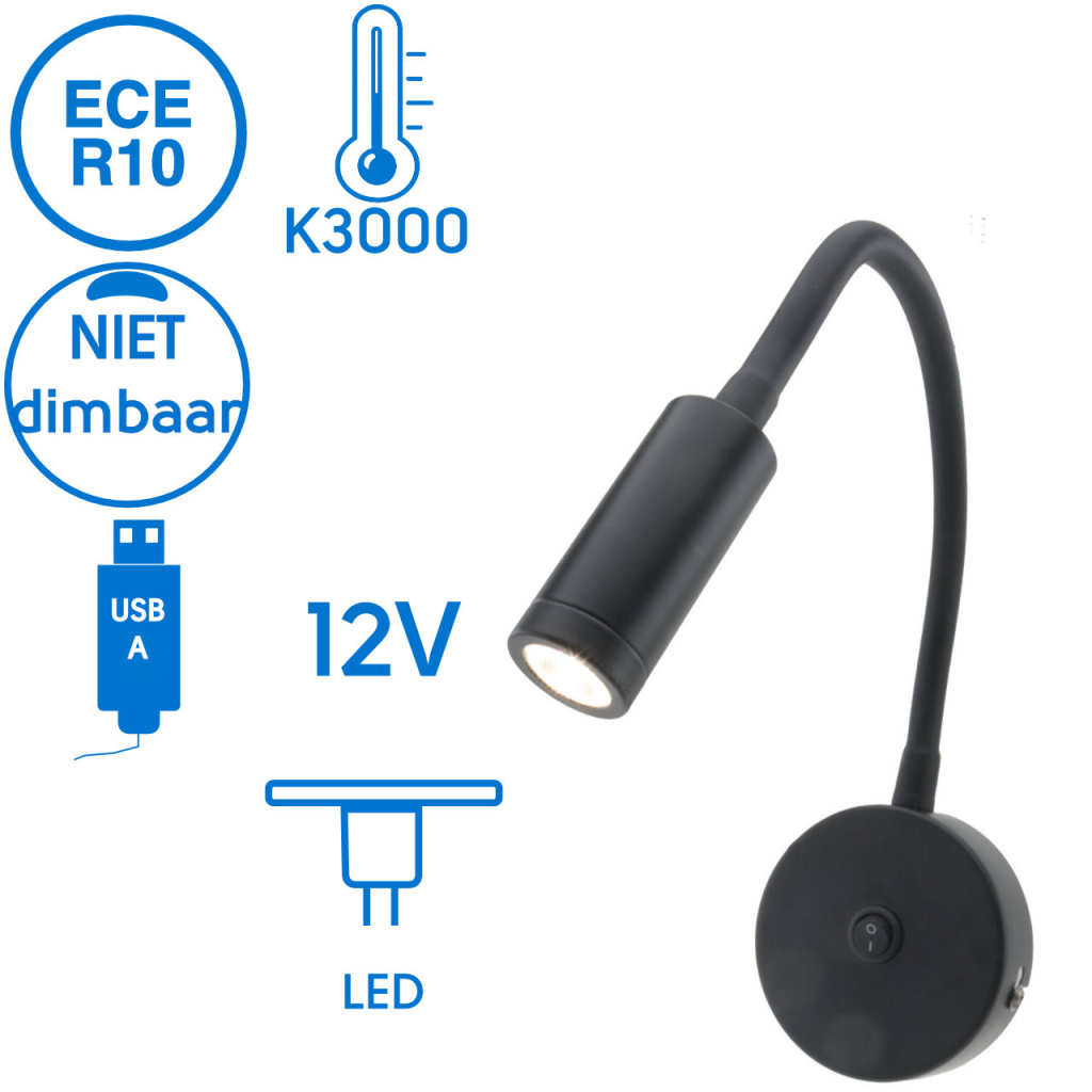 BBAtechniek - Venetië Flex LED 12V 2W zwart met USB 2.1A (1x)