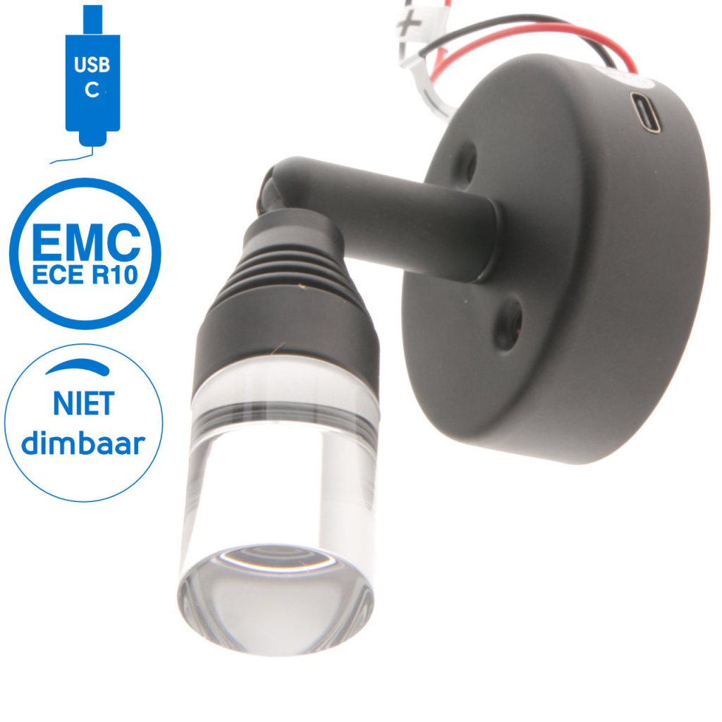 BBAtechniek - Positano LED 12V 1W 4000K 70lm USB-C zwart (1x)