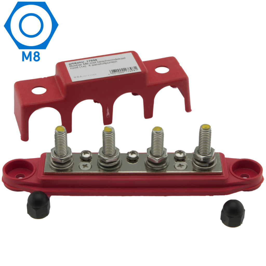 BBAtechniek - Busbar M8 4-punts rood met beschermkap (1x)