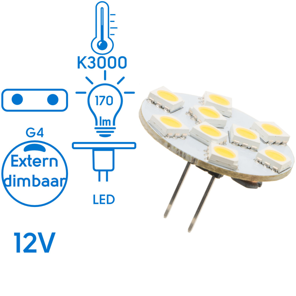 BBAtechniek - G4 10-30VDC 1.8W 3000K 170lm LED9 back pin (1x)
